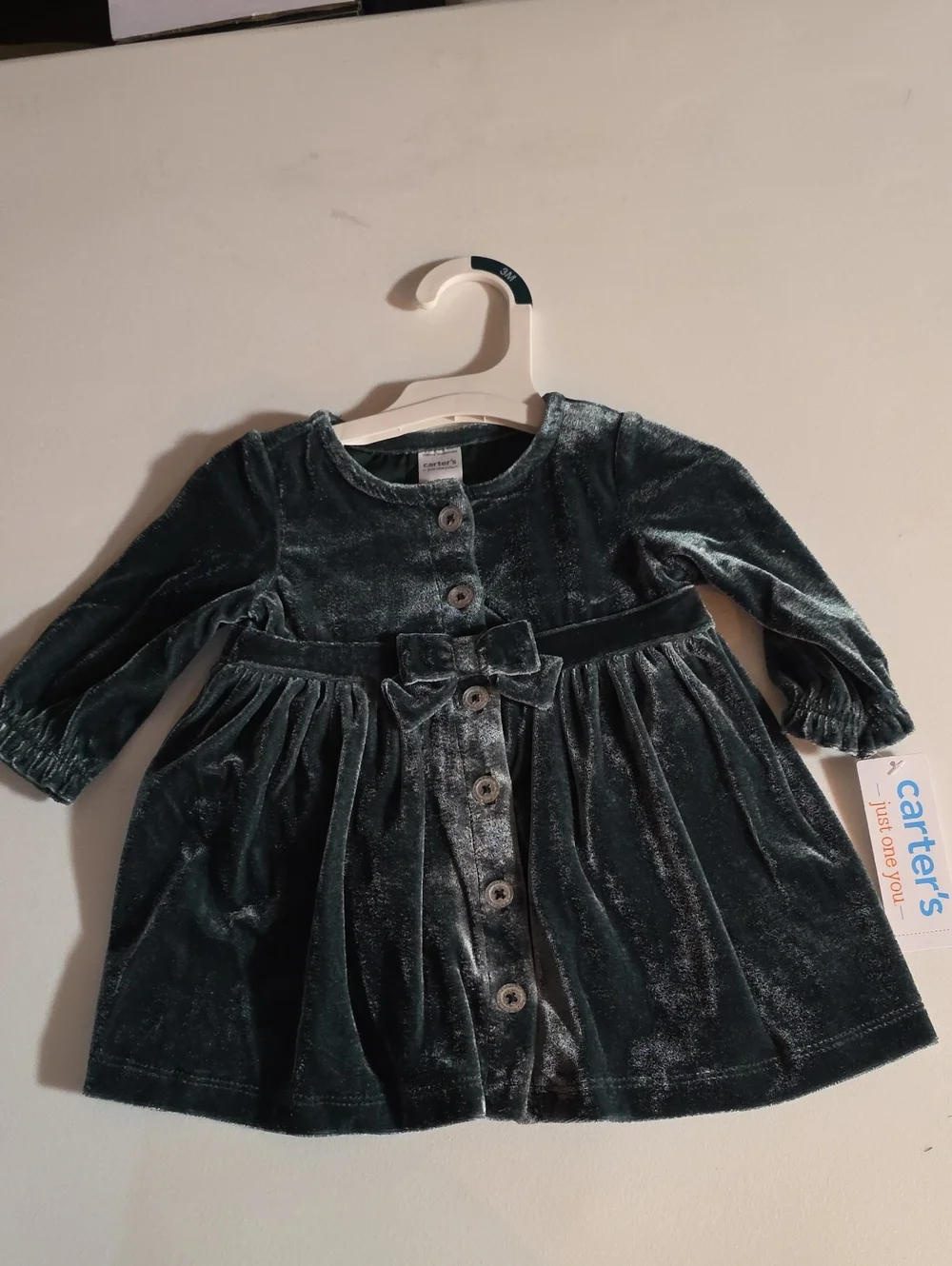 Carter's Dark Teal Velvet Button-Front Dress with Bow